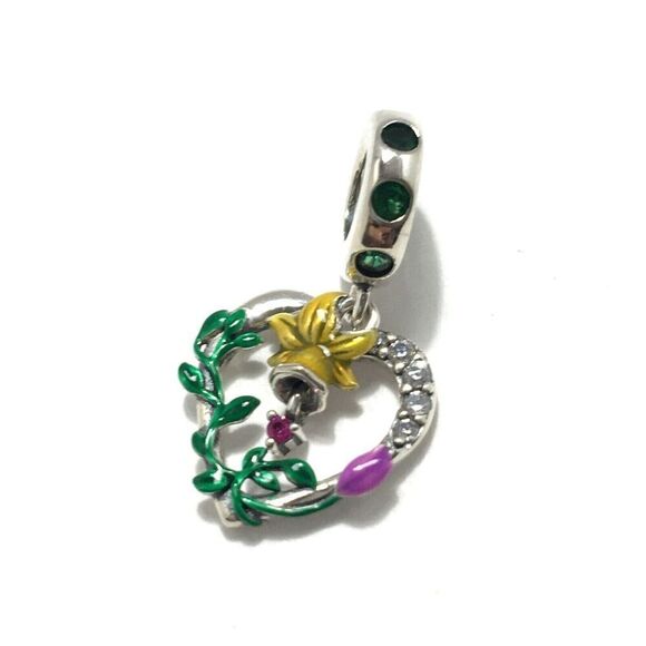 Sterling Silver 925 Charm Daffodil Flower Heart CZ Green Enamel For DIY Bracelet - Picture 2 of 9
